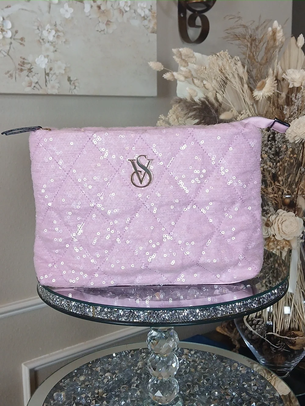 Victoria's Secret Pink Quilted Sequin Pouch Clutch Travel Glam Makeup Bag